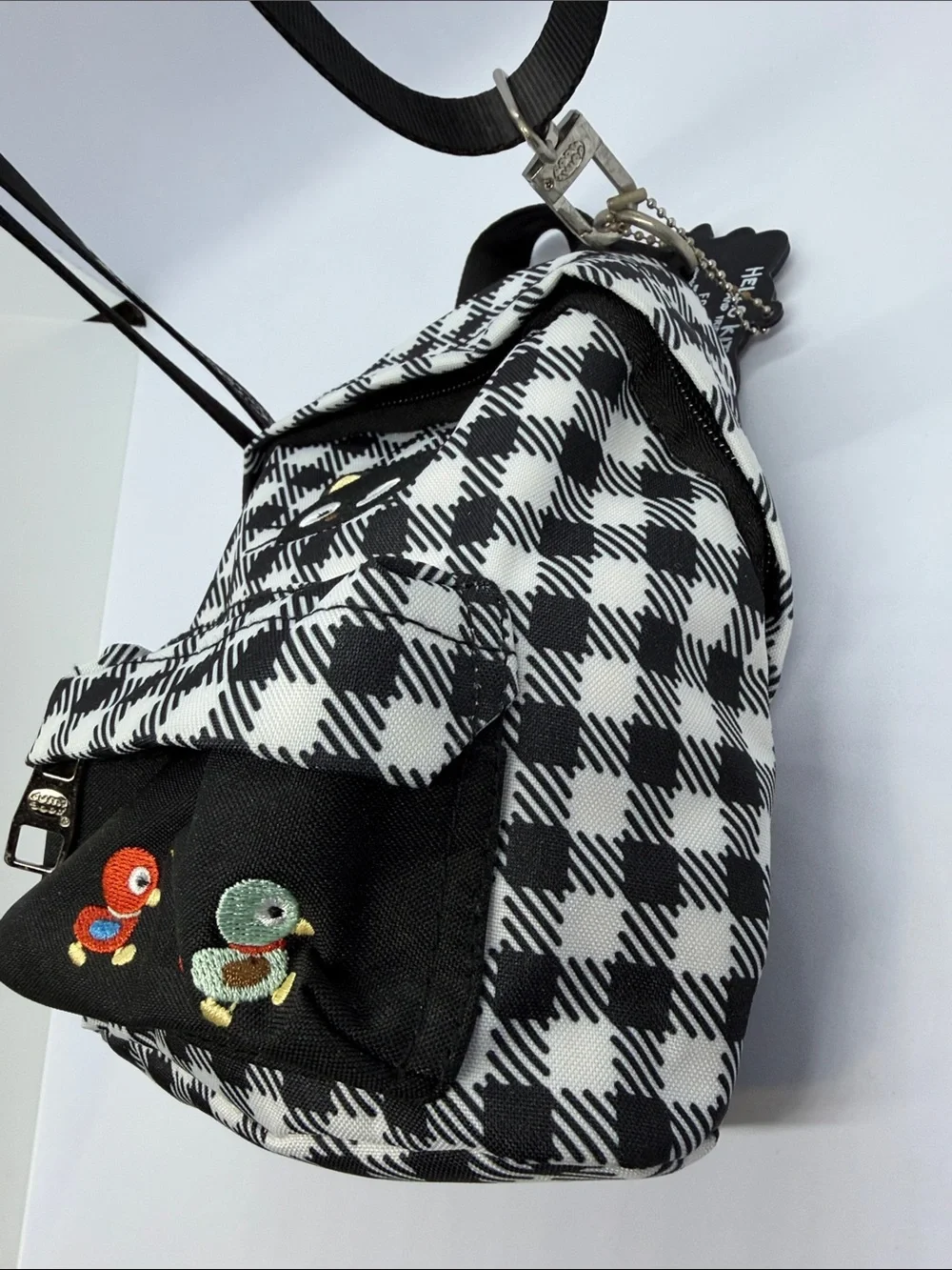 Sanrio Black & White Plaid Mini Backpack with Kuromi-style Cat Patch
